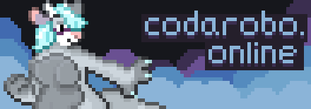 A pixelated 88x31 button featuring my OC Coda standing in front of clouds.